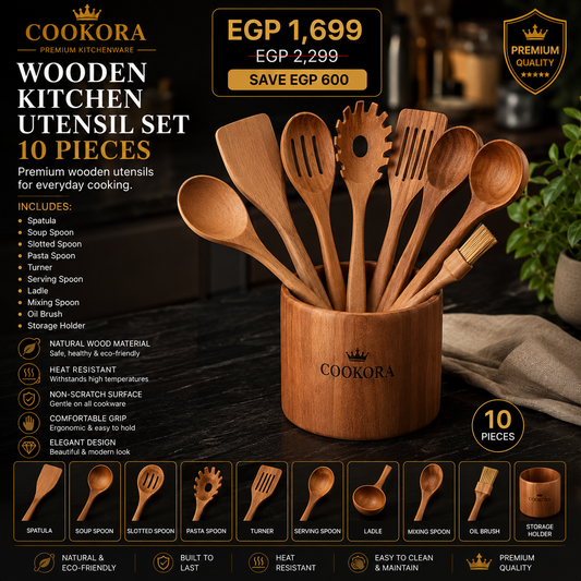 Cookora Wooden Kitchen Utensil Set – 10 Pieces